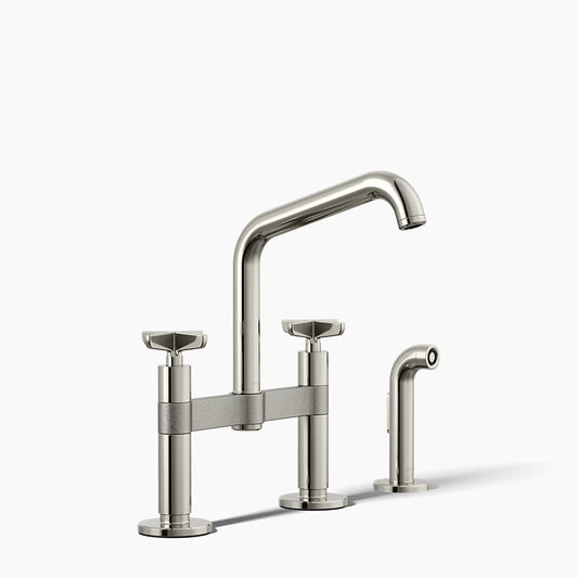 Billet Two-hole bridge kitchen sink faucet with side sprayer