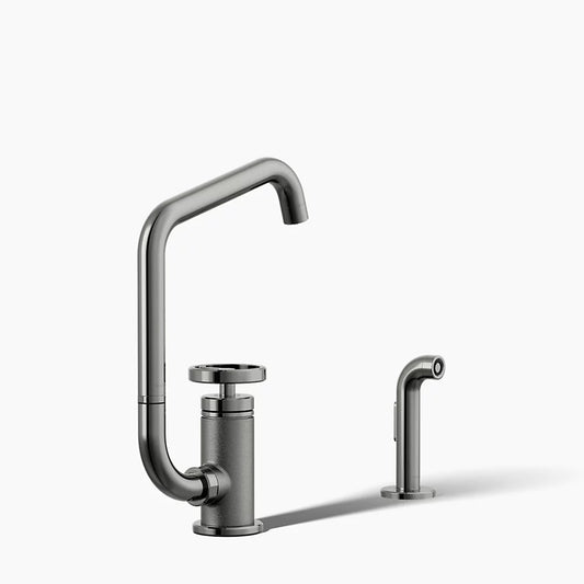 Billet Single-handle bar sink faucet with two-function extended-reach spout and side sprayer