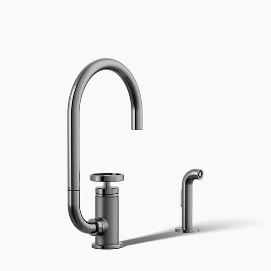 Billet Single-handle bar sink faucet with two-function extended-reach spout and side sprayer