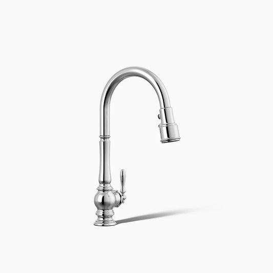 Artifacts Pull-down kitchen sink faucet with three-function sprayhead