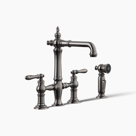 Artifacts Three-hole bridge bar sink faucet with side sprayer
