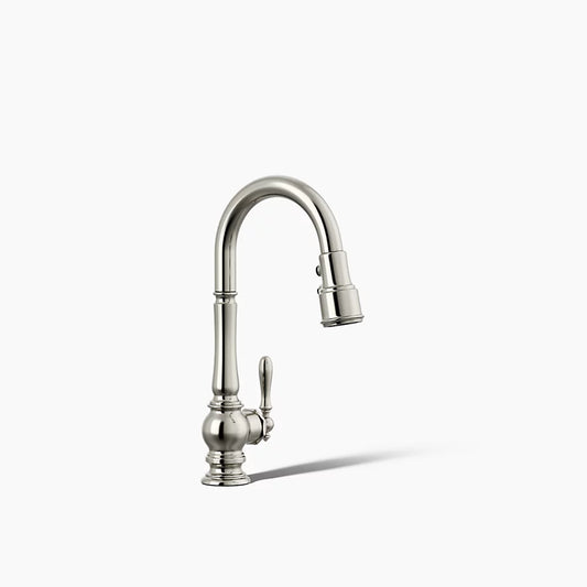 Artifacts Pull-down kitchen sink faucet with three-function sprayhead